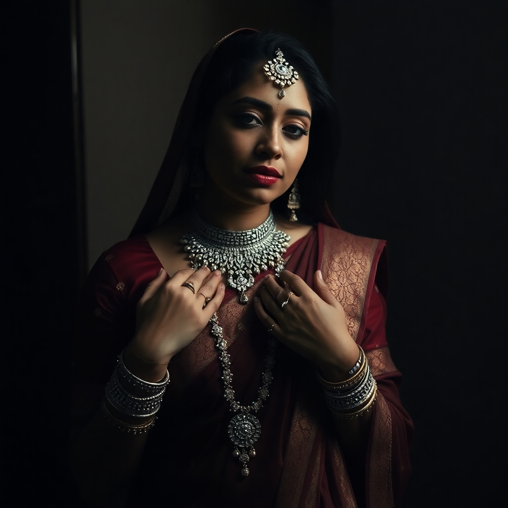 a fulll bodied Bollywood look alike actress after being rejected as a prospective bride by a very tradional family she sadly starts removing her jewellery