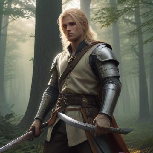 male ranger wearing medieval clothing, long blonde hair, couching in a forest at daybreak, holding a sword