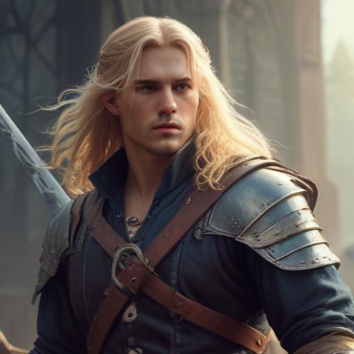 male ranger wearing medieval clothing, long blonde hair, holding a medieval sword "not armor"