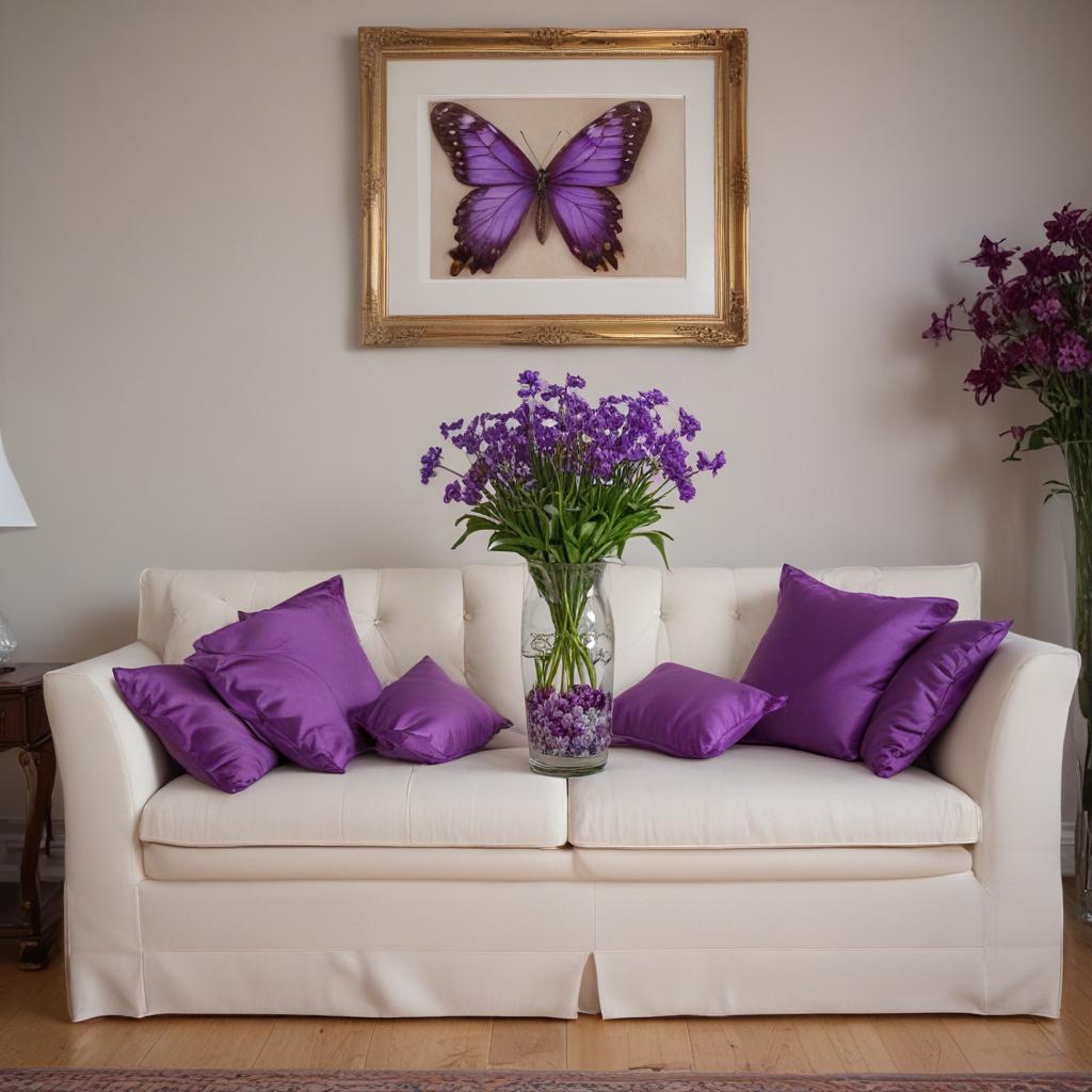 photograph, candid shot, famous randomly couch, center point for Purple flowers in a vase and a butterfly, Use camera is Canon EOS 5D Mark IV with a Canon EF 24mm f/1. 4L II USM lens, set at aperture f/2. 8 for a depth of field that highlights the furniture clean lines with rich and many detail, randomly color and finished, soft ambient light, studio light setting, ultra realistic, UHD, many details