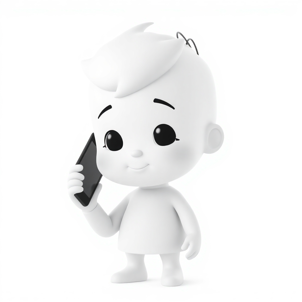 minimalist 3d white-on-white cartoon-like child talking on a cell phone no facial features. no hair. no clothes. transparent background.