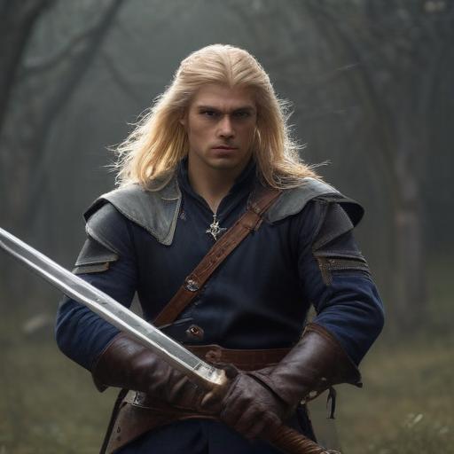 male ranger wearing medieval clothing, long blonde hair, holding a medieval sword "not armor"