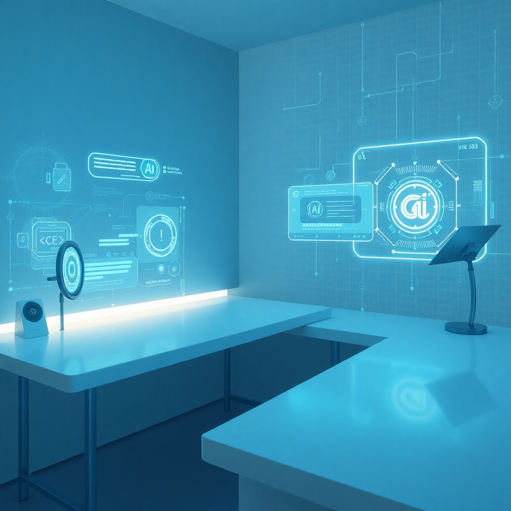 A futuristic digital workspace with holographic AI interface projections, minimalist clean desk, cool blue and teal color palette, soft light reflections, subtle tech grid background, perfect for a digital product eBook cover