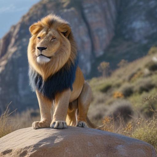 blue and gold lion standing on a cliff boulder