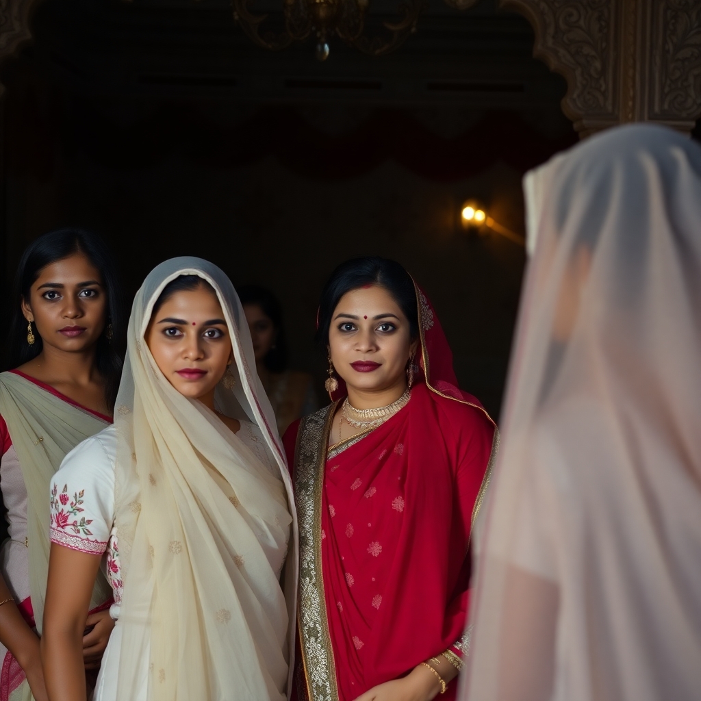 A senior female Dancing coach at the Nawab's Haweli" is very caring and sympathetic to the young girls who have been trafficed into this business. All are fair complexioned, full bodied . The whole scen is in a haweli setting