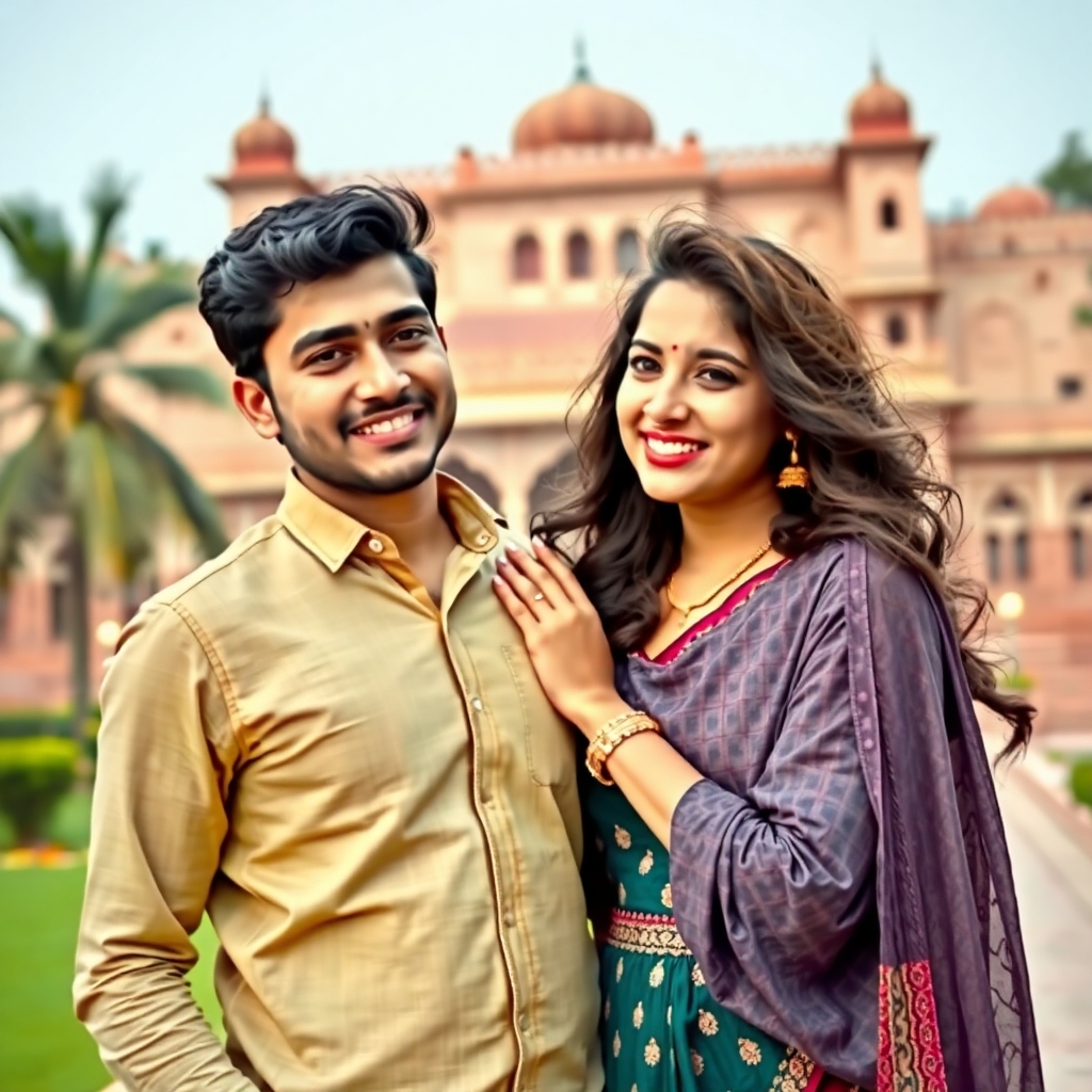 a young Indian business executive aged 25 years, romancing with a madhuri dixit like looking 22 years ld girl. backdrop background haveli of a nawab