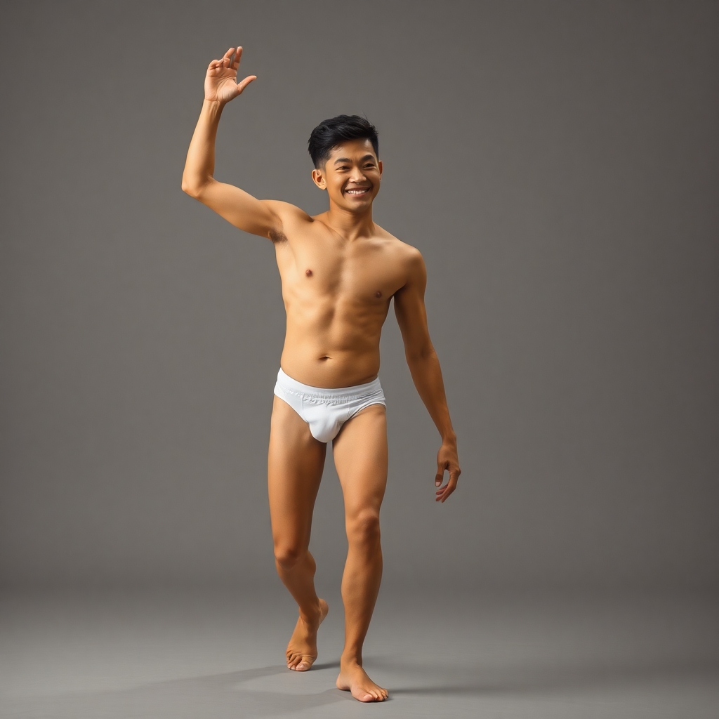 Young asian male dancing wearing only white briefs