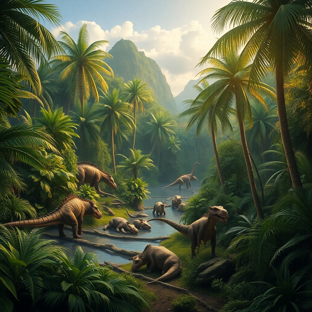 a photorealistic picture of a prehistoric jungle