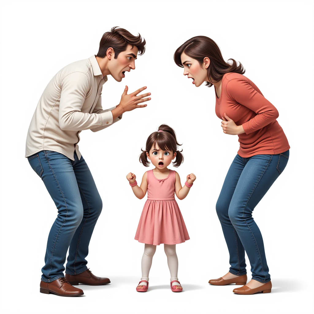 please create a photorealistic image of two parents arguing about their 11 year old daughter who is standing between them. the child looks scared. the adults look angry and are making angry gestures. Flat white background. no detail or elaboration.