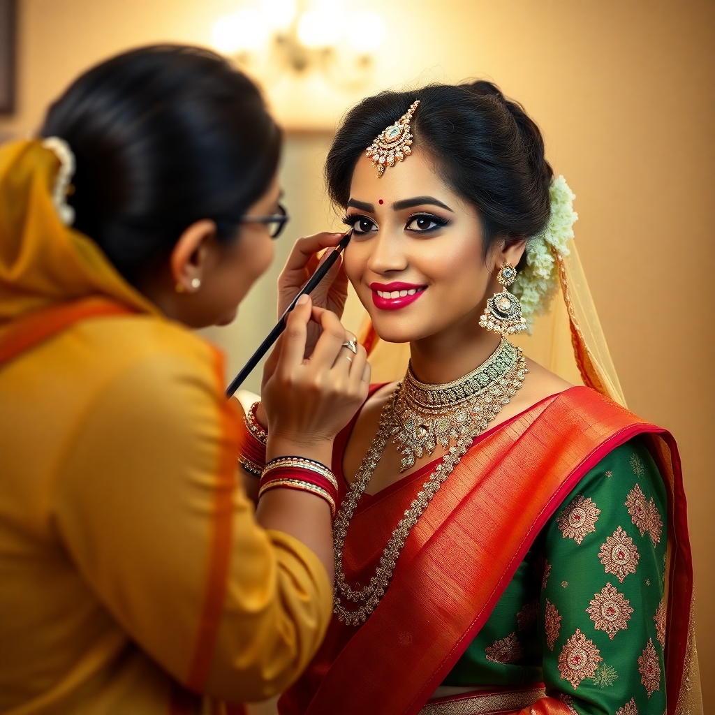 a pretty bollywood look alike actress with a full body is being assisted in her make up. Tradional formal Indian attire to visit her future in laws