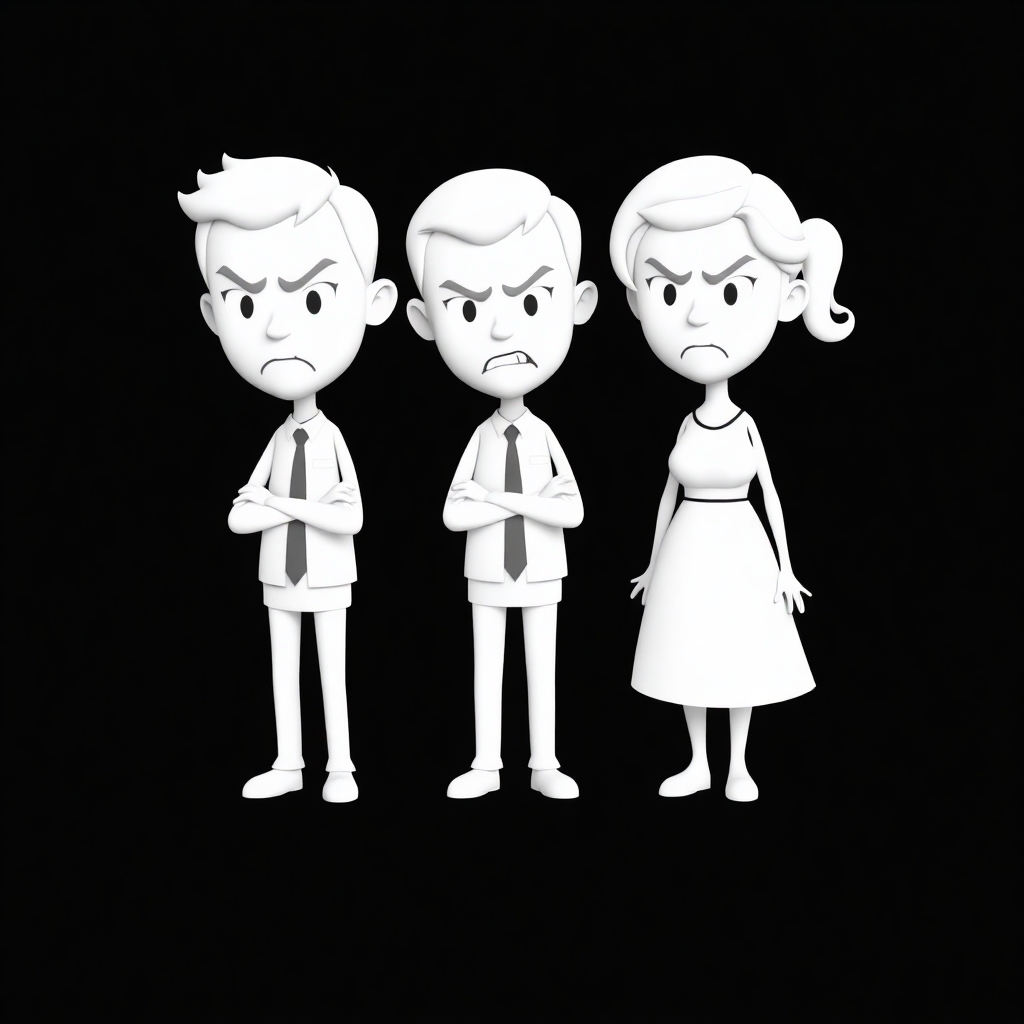 please create an image of angry divorcing adults using minimalist, 3D white-on-white cartoon-like characters with no facial features, no hair, against a flat black background with no elaboration or details.