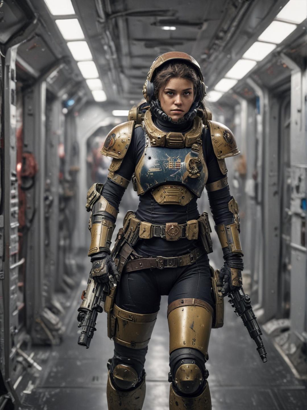 Female space marine in sci-fi armor.  She carries her helmet under one arm.  She is standing in a busy corridor aboard a starship.