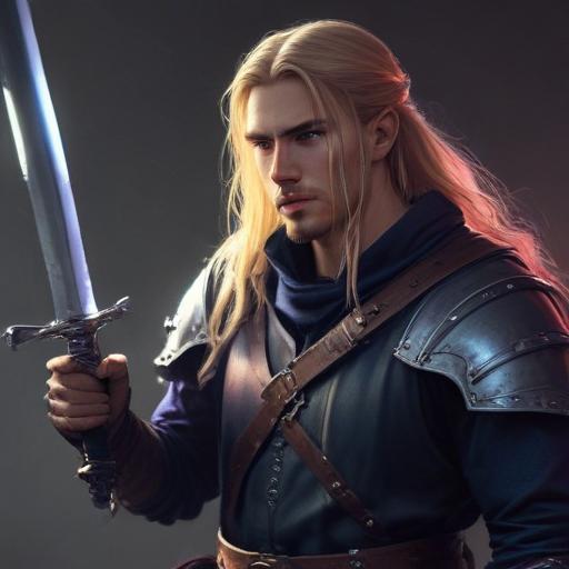 male ranger wearing medieval clothing, long blonde hair, holding a medieval sword "not armor"