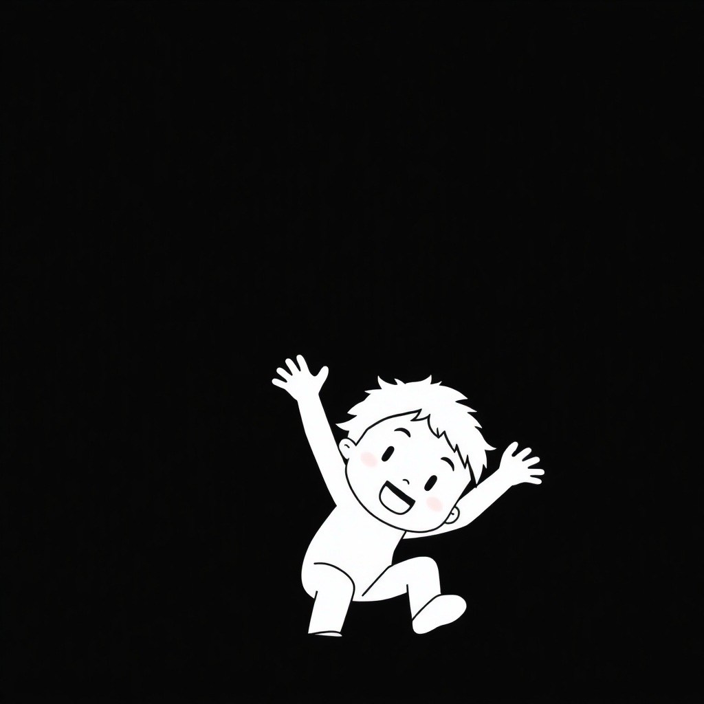 please create an image of a  child falling into a hole using minimalist, 3D white-on-white cartoon-like characters with no facial features, no hair, and no clothes against a flat black background with no elaboration or details.