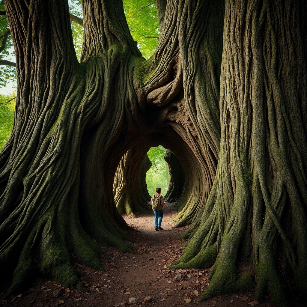 a photorealistic picture of a  tree with a tunnel in the trunk that a person could walk through.