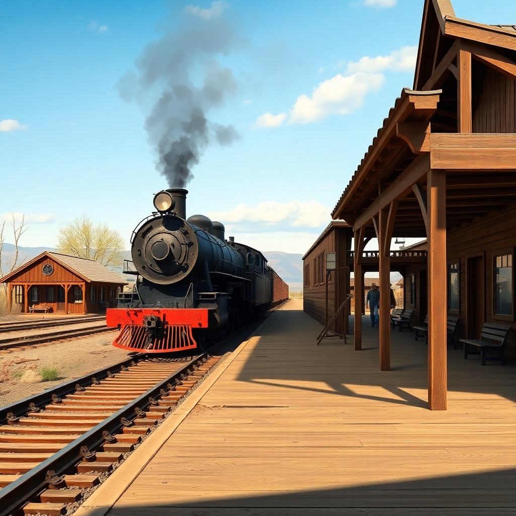 a photorealistic picture of an old wild west train station with a steam train st the platform to board it