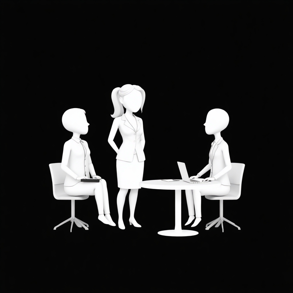 Please create an image of a woman talking to a lawyer using minimalist, 3D white-on-white cartoon-like characters with no facial features, no hair, against a flat black background with no elaboration or details.