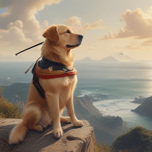 Create a picture of a golden retriever dog as a samurai sitting on a hill overlooking the ocean in the style of one piece anime