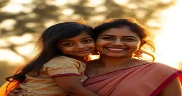 a cute indian child is adoring his young madhuri dixit lookalike mother