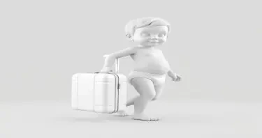 Pls create a 3d white-on-white image of a toddler in diapers carrying a suitcase. no facial features. no background. flat black background.