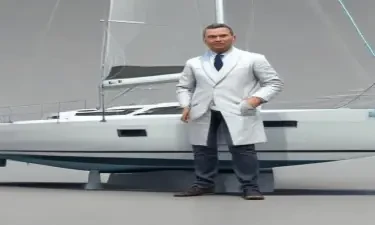 can you generate a Beneteau first 50 yacht with a doctor from China in white coat standing on the bow