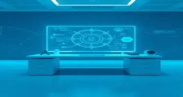 A futuristic digital workspace with holographic AI interface projections, minimalist clean desk, cool blue and teal color palette, soft light reflections, subtle tech grid background, perfect for a digital product eBook cover
