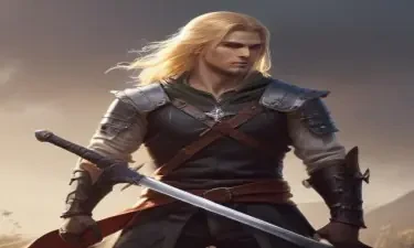 male ranger wearing medieval clothing, long blonde hair, holding a sword
