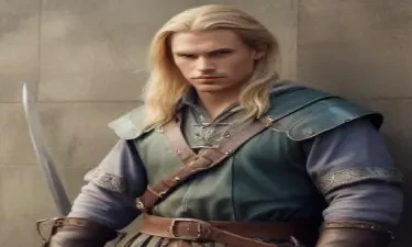 male ranger wearing medieval clothing, long blonde hair, holding a medieval sword