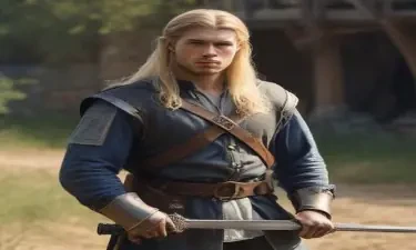 male ranger wearing medieval clothing, long blonde hair, holding a medieval sword "not armor"