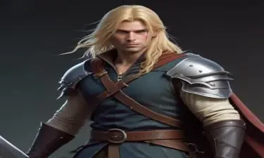 male ranger wearing medieval clothing, long blonde hair, holding a medieval sword "not armor"