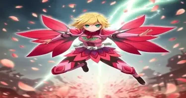 Full-body anime character of a determined teenage girl with short blonde hair and bright green eyes. Her costume resembles stylized samurai armor fused with petal motifs: red and pink segmented plating on her arms, thighs, and shoulders. Sharp petal-blades fan out from her back like wings. She charges forward mid-motion, surrounded by whirling flower petals. Background is a battlefield dotted with petal shrapnel. Style of My Hero Academia, elegant yet deadly, floral elegance meets martial precision