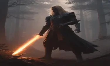 A dark, foreboding DnD fighter wearing leather clothing, six-feet tall with long, blonde hair, at daybreak in a forest wielding a sword that has a glowing flame effect, DnD game style