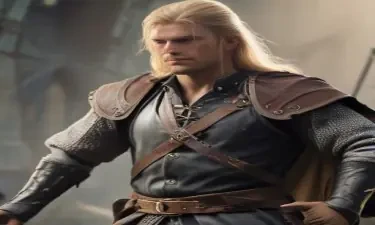 male ranger wearing medieval clothing, long blonde hair, holding a medieval sword "not armor"
