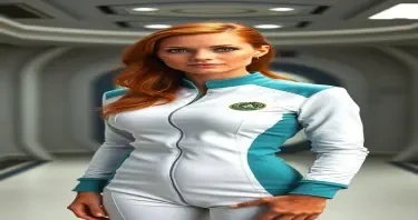 Beautiful, young red haired woman.  Freckle-faced, intense green eyes, fit, and tan.  Wears a 23rd century, Star Trek style medical jumpsuit with Starfleet insignia.  Form fitting, white with aqua collar panel and trim.  She is standing in a in a Star Trek style medical bay.  Also wears appropriate footwear.