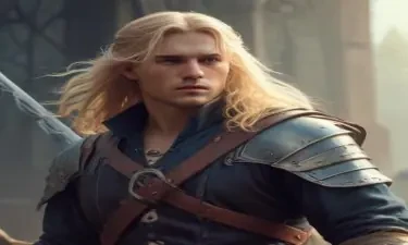 male ranger wearing medieval clothing, long blonde hair, holding a medieval sword "not armor"
