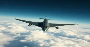 A Cold war era variable geometry wings jet bomber flying high above the clouds seen from above