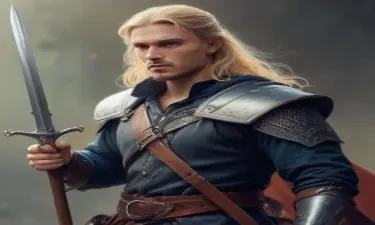 male ranger wearing medieval clothing, long blonde hair, holding a medieval sword "not armor"