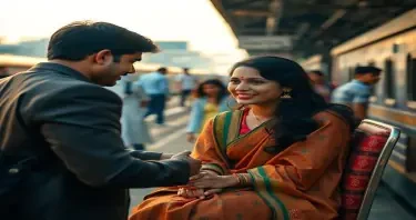 a fair complexioned madhuri dixit like looking lady is being offerred a seat by a young business executive at Old Delhi railway platform in a busy hour. Inc