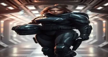 Female space marine in sci-fi armor.  She carries her helmet under one arm.  She is standing in a busy corridor aboard a starship.