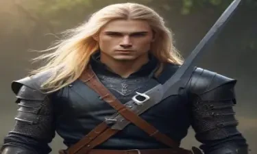 male ranger wearing medieval clothing, long blonde hair, holding a medieval sword "not armor"