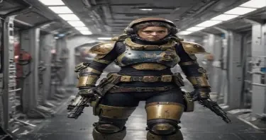 Female space marine in sci-fi armor.  She carries her helmet under one arm.  She is standing in a busy corridor aboard a starship.