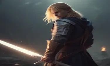 male ranger wearing medieval clothing, long blonde hair, holding a medieval sword "not armor"