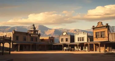 a photorealistic picture of an old wild west towns buildings as the backdrop