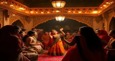 a mujrah scene in a haveli where navaabs are enjoying the dance perfomance of pretty young indian girls