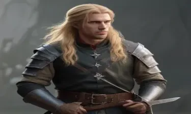 male ranger wearing medieval clothing, long blonde hair, holding a medieval sword "not armor"