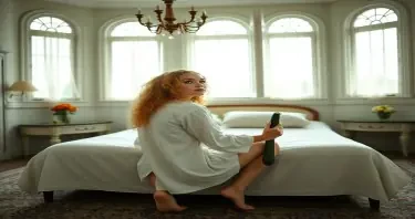 An Art Noveau styled room, with a double bed in the middle, light flowing through the large windows a curly blonde girls with blue ejes with a malicious face is squatting with the back to the camera but looking at it over her shoulder  and dressed with a white loose unbuttoned open blouse on a double bed with a long zucchini in one hand