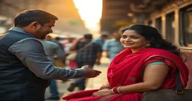 a fair complexioned madhuri dixit like looking lady is being offerred a seat by a young business executive at Old Delhi railway platform in a busy hour. Inc