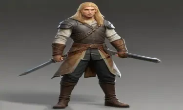 male ranger wearing medieval clothing, long blonde hair, holding a medieval sword "not armor"