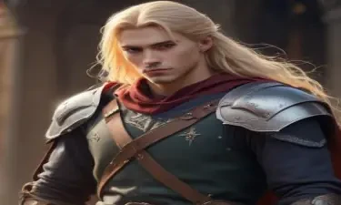 male ranger wearing medieval clothing, long blonde hair, holding a sword