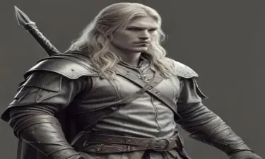 male ranger wearing medieval clothing, long blonde hair, holding a medieval sword "not armor"